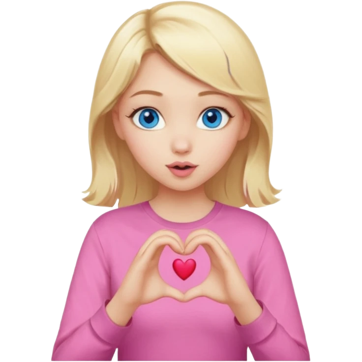 Realistic Blonde girl blue eyes, blowing kiss, pink shirt, making heart sign with hands emoji