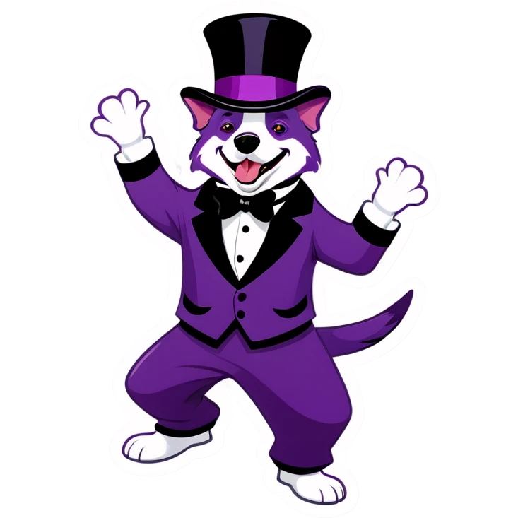 Purple dog wearing a top hat and dancing emoji