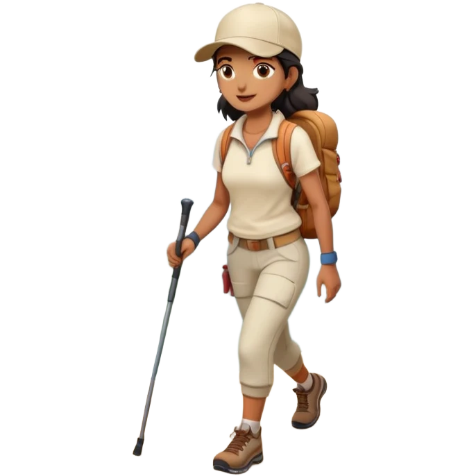 Full body indian woman hiking on mountain trail cream clothes baseball cap emoji