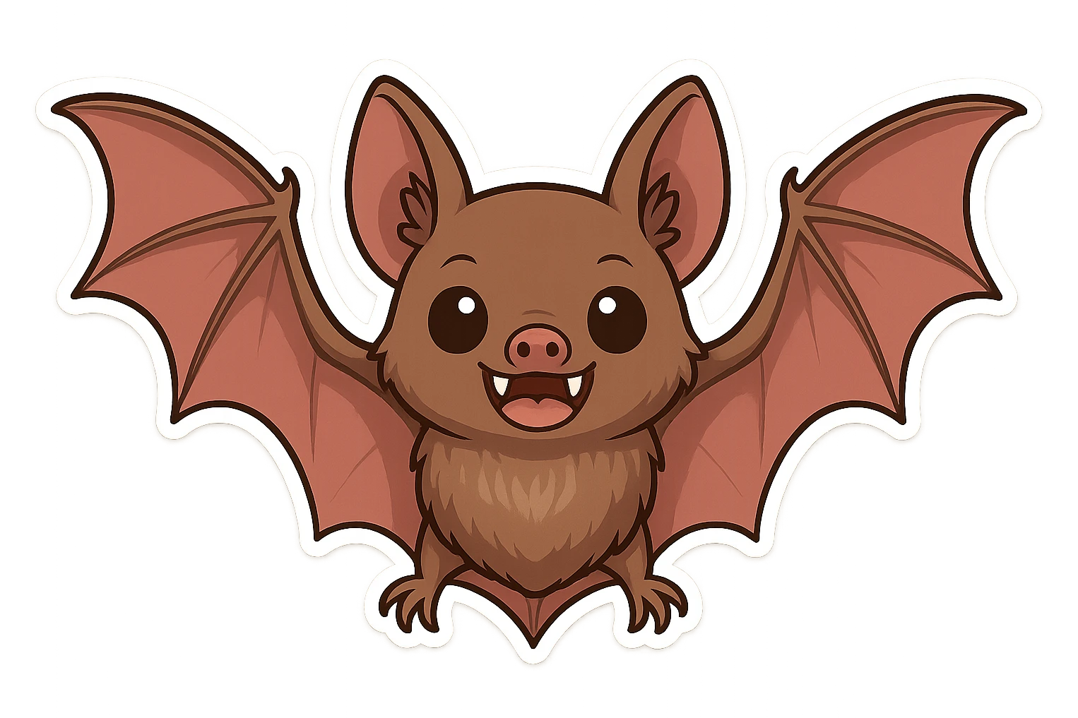 Convert the vampire bat to a cartoon style with wings spread and two visible fangs. Remove the background color to make it transparent. Keep the cartoon style consistent with chibi stickers illustration style. emoji