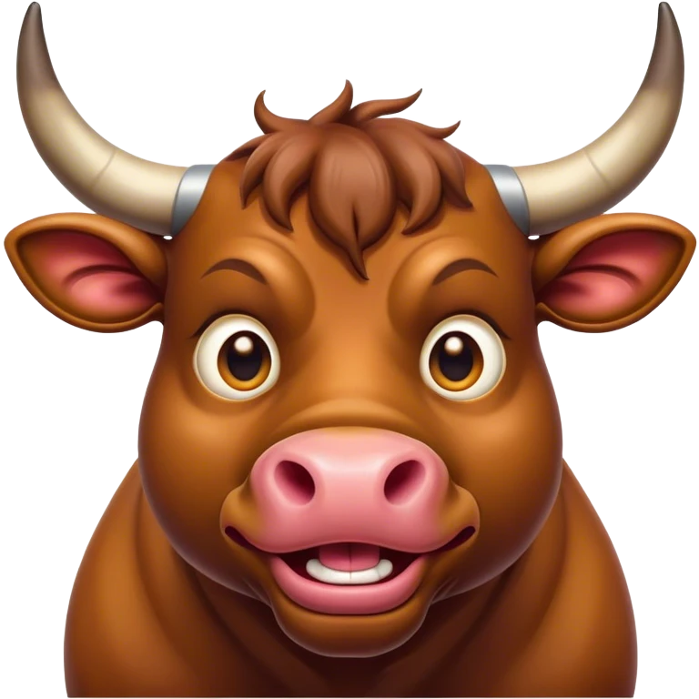 Cinematic Comical Domestic Bull Portrait Emoji, Head tilted dramatically with an exaggeratedly amused expression, featuring a striking, glossy coat with boldly defined horns and wide, expressive eyes brimming with playful disbelief, Simplified yet hilariously expressive features, highly detailed, glowing with a slightly sassy, earthy glow, high shine, dramatic yet playful, stylized with an air of cheeky rural mischief, soft glowing outline, capturing the essence of a spirited and over-the-top domestic bull that looks ready to charge its way into internet fame instantly! emoji