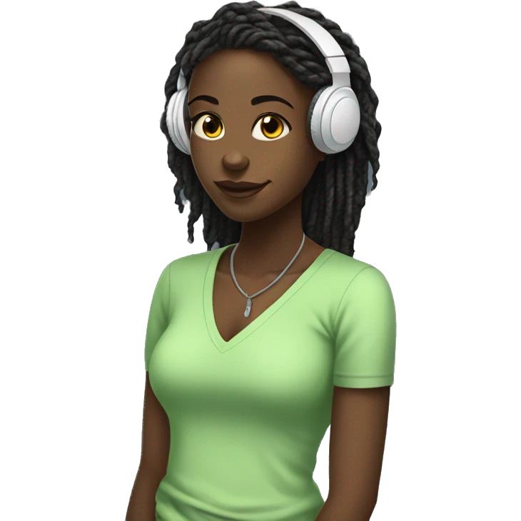 African girl. Black long twists. Wearing white headphones. Listening to music. Wearing a light green v neck top. emoji