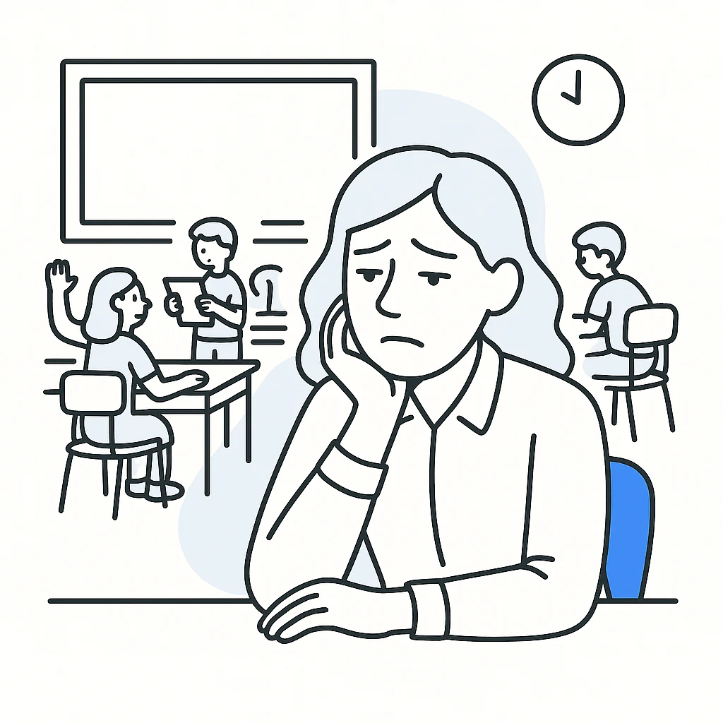 exhausted teacher in a bustling classroom emoji