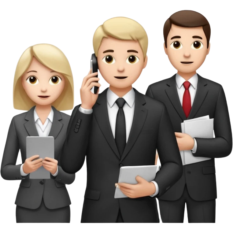 Команда в костюмах из трёх человек. на переднем палне Мужчина впереди общается по смартфону, дальше женщина слева стоит с ноубуком, мужчина справа держит бумаги emoji