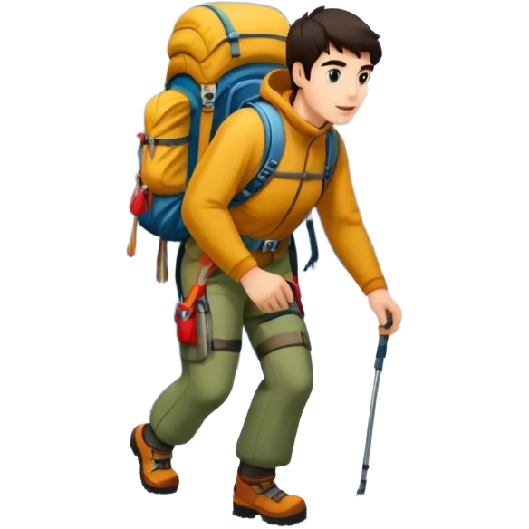 Icon for Mountain Tourism and Climbing: a mountain peak in the background, climbing gear and backpack. The icon should capture the adventure and challenge of alpine exploration. Transparent background. emoji