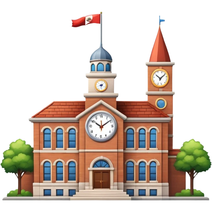 school building with a clock tower and flag on top emoji