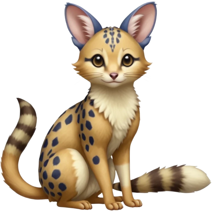 Indigo, soft realistic romantic vintage antique divine beautiful elegant pretty precious cute young youthful  Fakémon-Pokémon-opossum-feline-mouse-serval-caracal-chinchilla-Minccino-Cinccino-Meowstic-rodent-hybrid-creature with a tufted tail (full body) emoji
