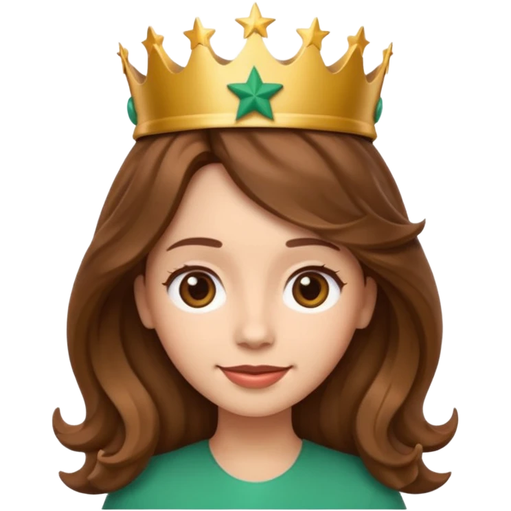 Apple style 3D emoji of a young woman inspired by the Starbucks logo. She has long wavy hair on both sides, a crown with a star on her head, and a soft smile. Smooth, shiny, simple emoji look. emoji