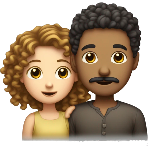 Curly hair white boy with a mustache and goatee hugging a girl with straight clack hair and a slightly darker skin color than him and a heart in the emoji emoji