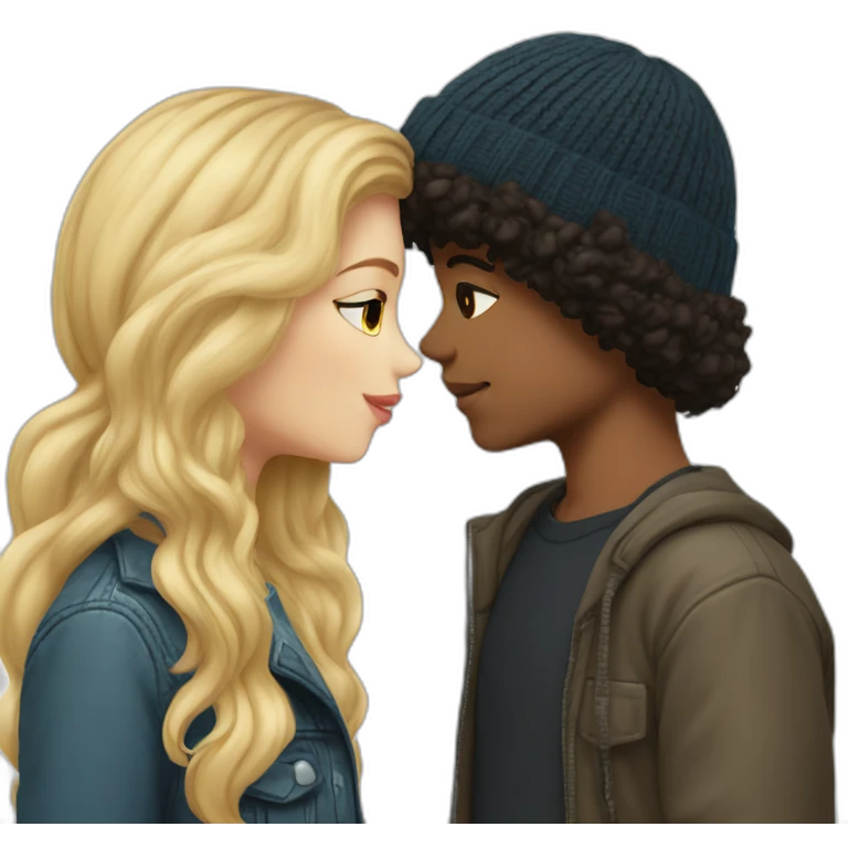 a girl with blond hair in a beanie kissing a boy with dark curly hair emoji