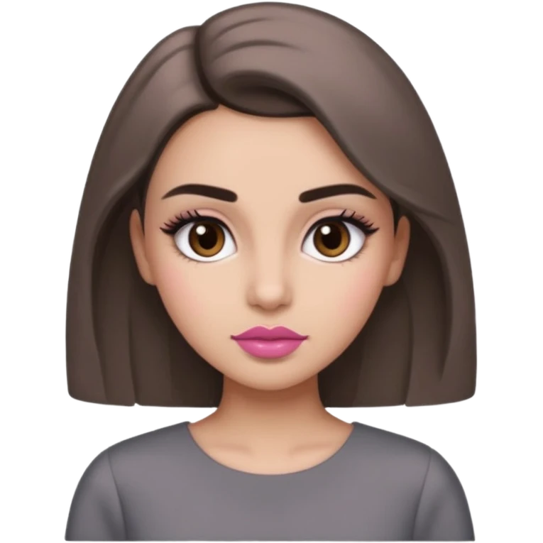 Hidjab girl that is wearing gray dress, and her brow is thick so her eyelash is tall and rumol is pink emoji