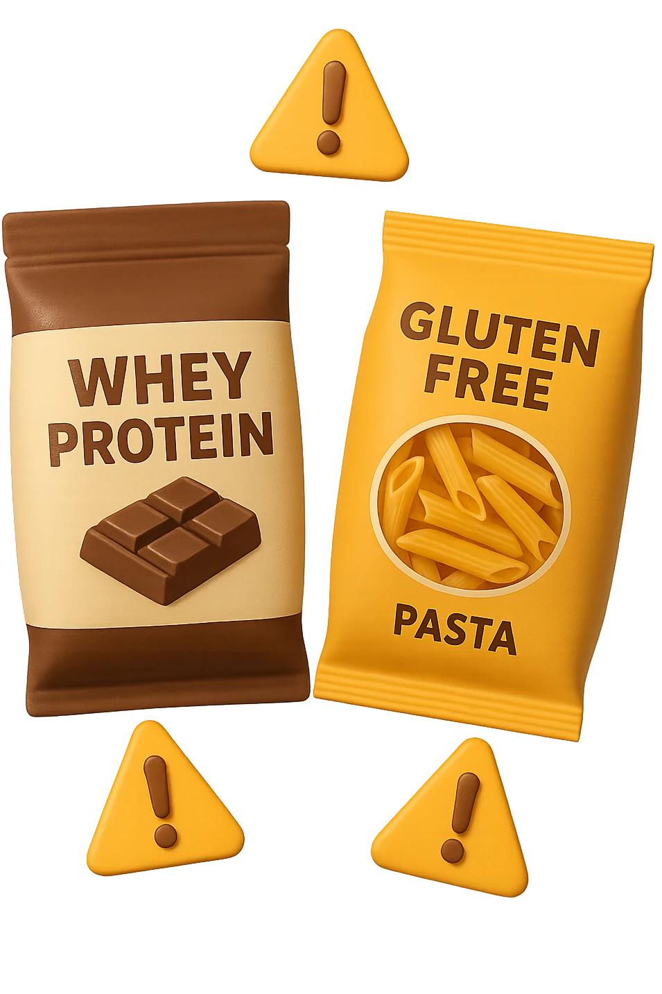 SU QUESTO STILE FAI UN EMOJI STILE IPHONE 3D DI UN pacco di whey protein e un pacco di pasta senza glutine che fluttuano in aria insieme a segnali di pericolo in 3d, FALLO MOLTO REALISTICO IN 3D emoji