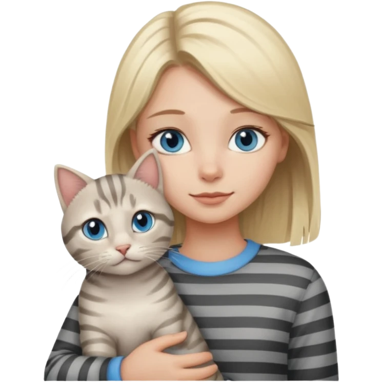Blonde girl with blue eyes cuddling with light grey tabby cat with dark grey stripes emoji
