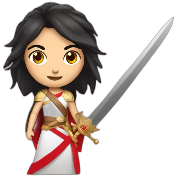 guerrera mujer con corona que le tape los ojos, pelo rojo, espada emoji