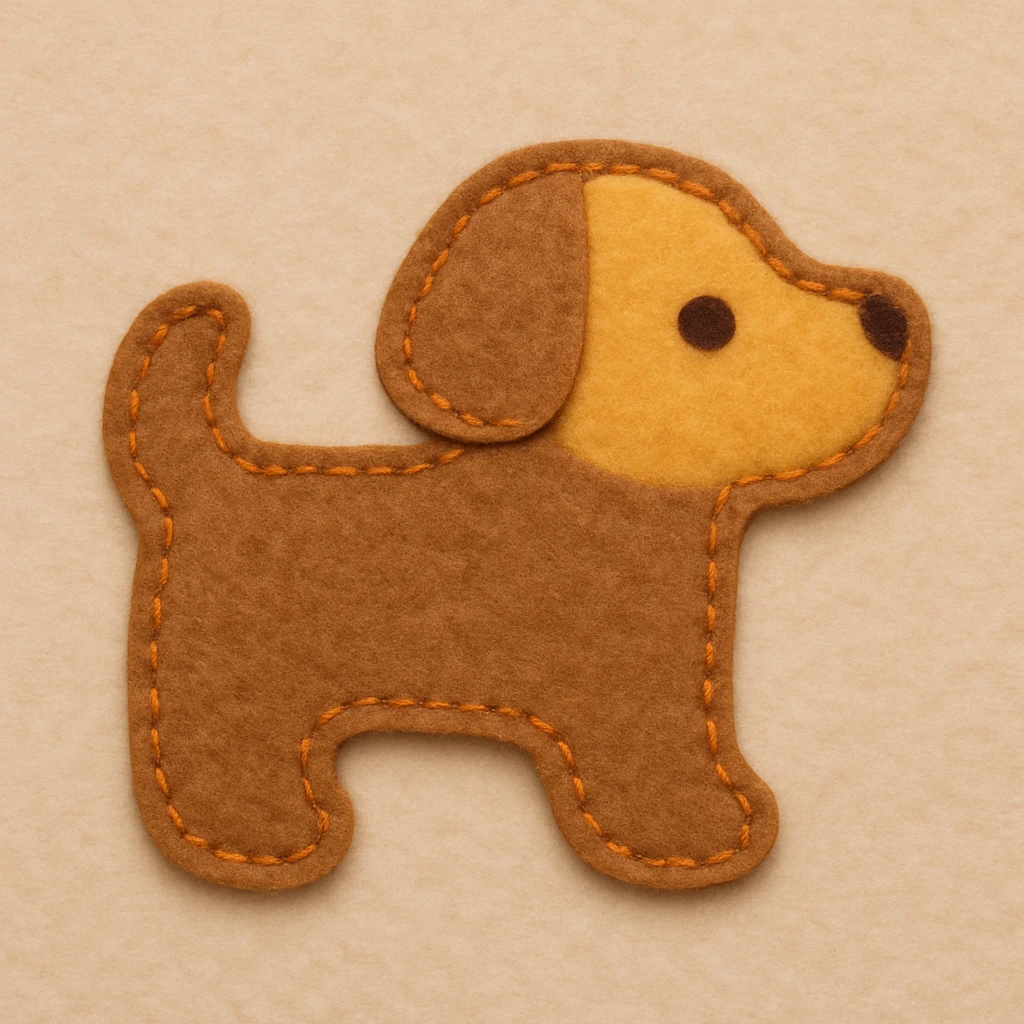 Minimal felt appliqué dog icon, low-detail, smooth rounded edges, moderate contrast orange stitched border, soft matte felt texture, warm brown and yellow palette, small dot eyes, no mouth, flat angle, soft beige background emoji