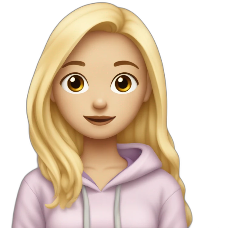 A blonde girl with smooth hair and a ray in the middle of his hair, she has light skin a few freckles, and she wear a hoodies and she Carries in his arms a baby black labrador dog  emoji