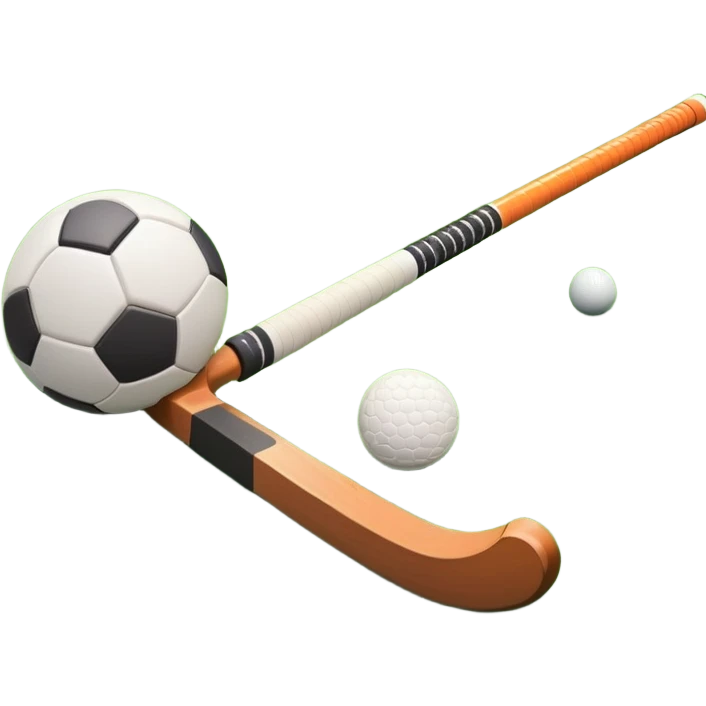 A field hockey stick and ball on a vibrant green grass field, with goalposts and clear field markings in the background. The scene emphasizes the bright, lush grass, highlighting the fast-paced and strategic nature of hockey on a well-maintained pitch. emoji