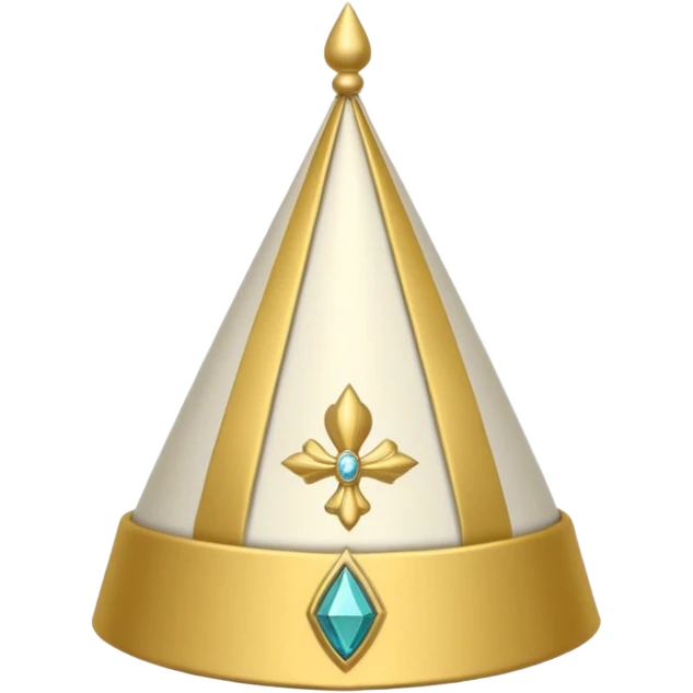 bishop mitre hat with pointed top, white and gold, gold embroidered band and vertical stripe with jewels, two ribbons at the back, simple and clear emoji