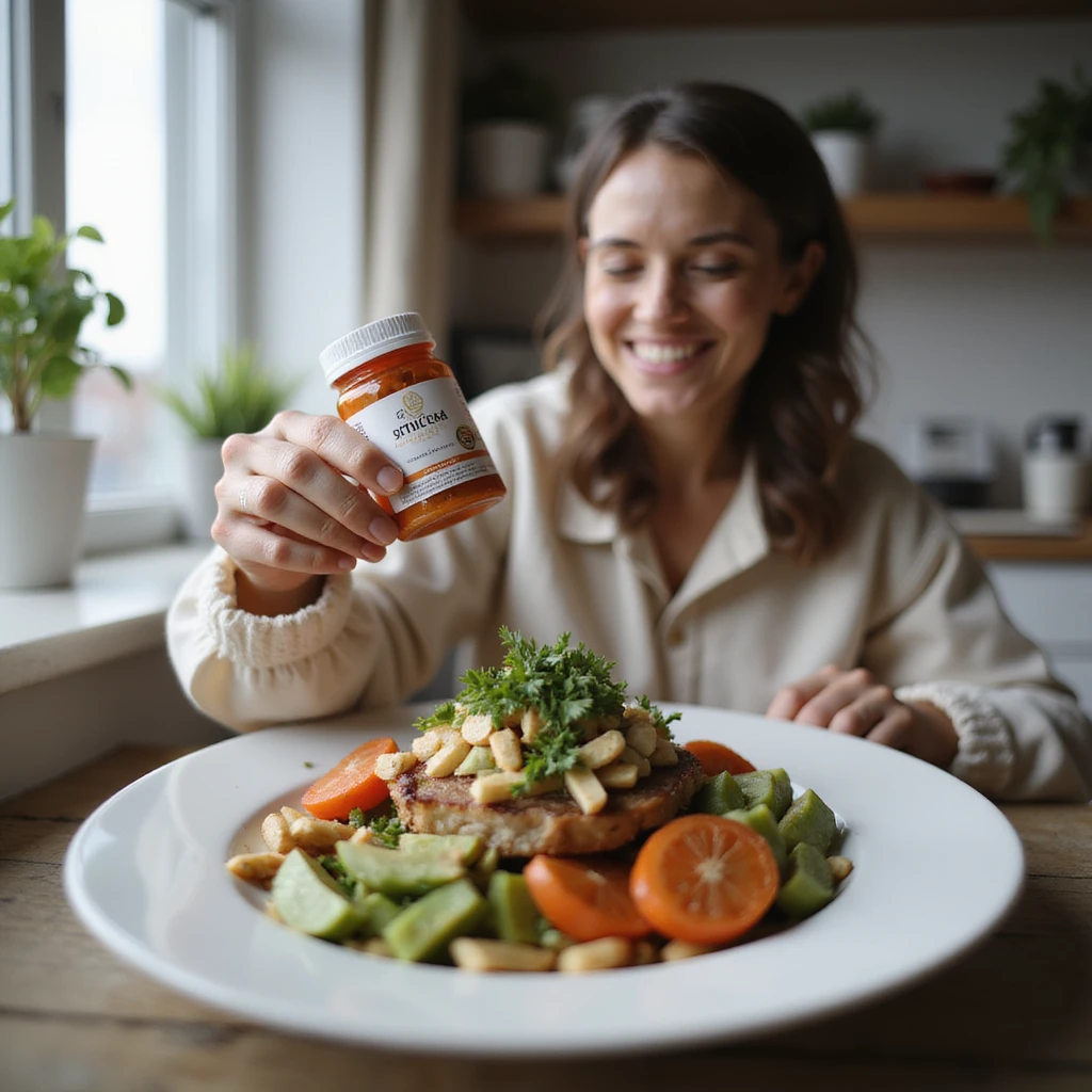 realistic image of a smiling person adding a dietary supplement on top of a well-prepared dish, concept of supplementation as added value, bright atmosphere, creative details, home environment emoji