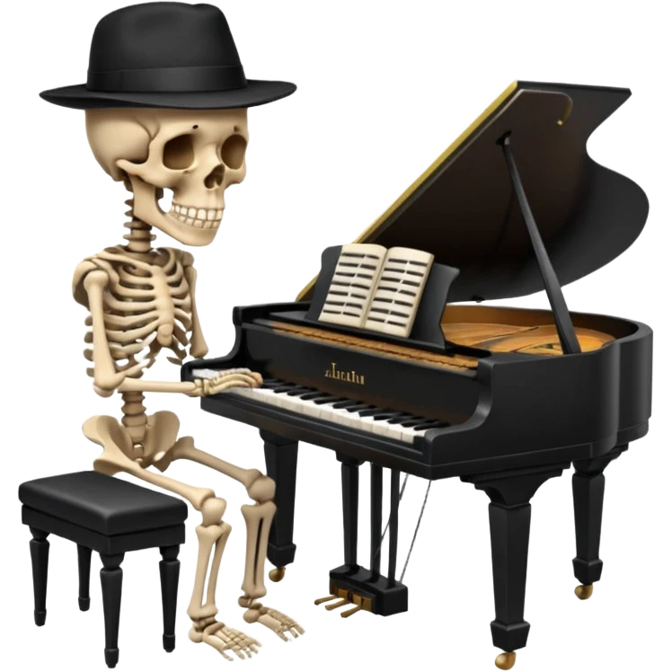 a human skeleton in anatomical proportion wears a black hat and plays the piano emoji