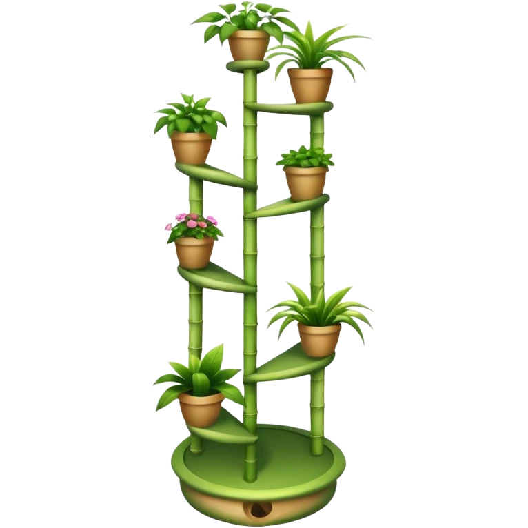 Very Large alien-futuristic multi-tier multi-level curved spiral step plant rack, which holds twenty-five plants, constructed from 7/8ths of an inch thin vining bamboo poles  emoji