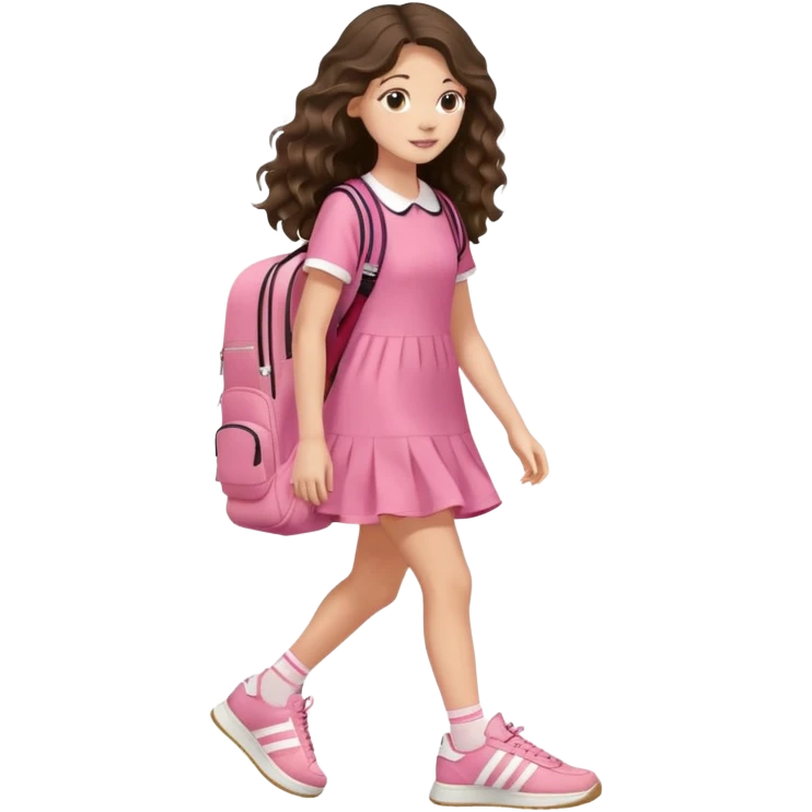 aestethic brunette very,very,very long wavy hair walking with a school backpack, with a cute pink dress, adidas samba shoes emoji