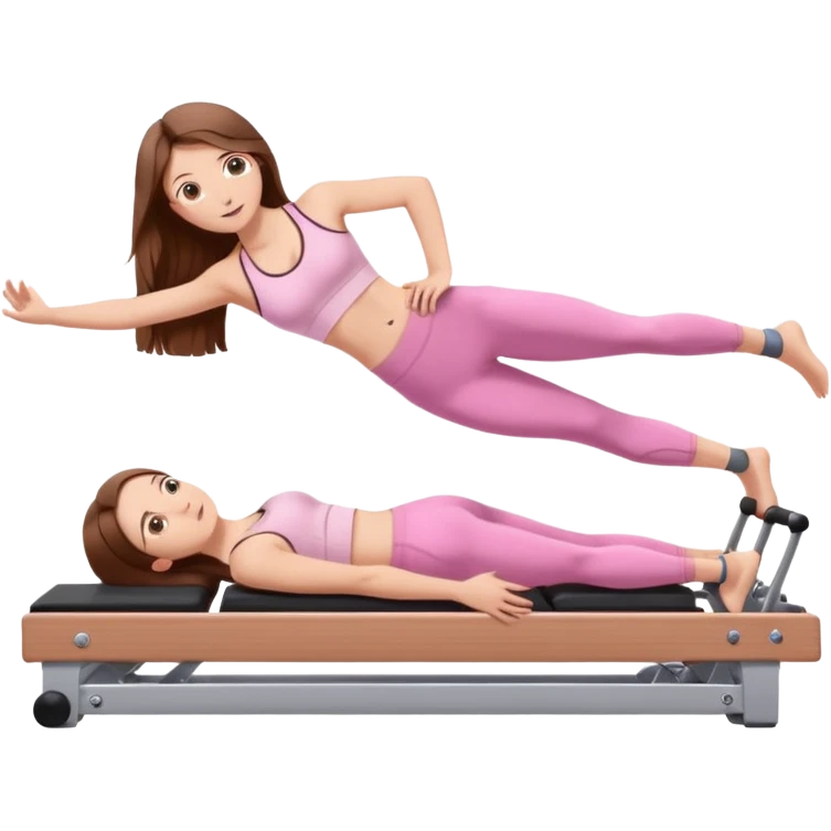 pretty white teen with hazel eyes and long brown hair and a small waist in light pink workout clothes in a plank on a pilates reformer emoji