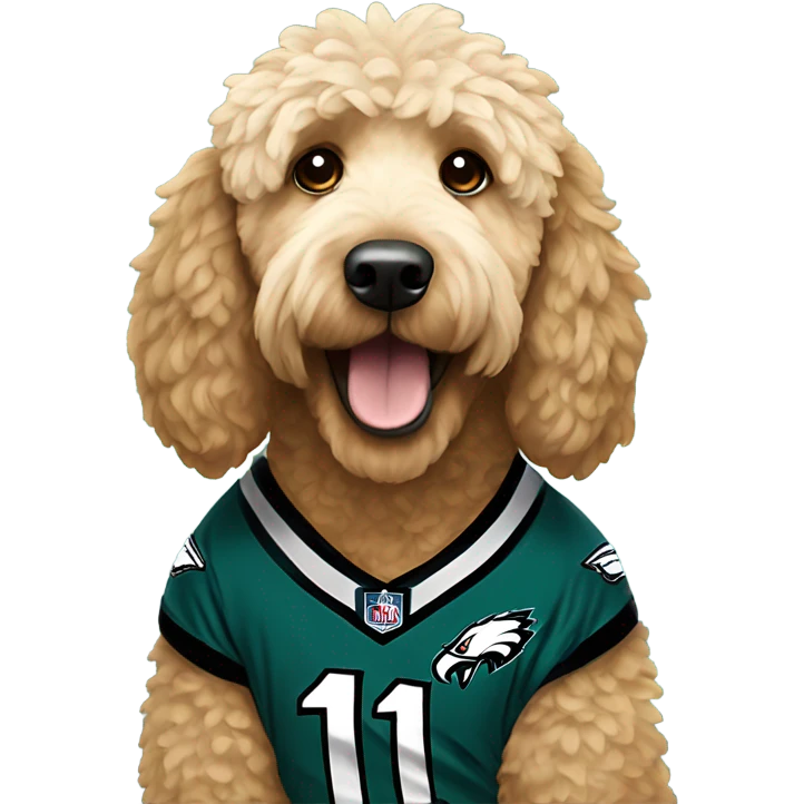 Golden doodle wearing eagles jersey emoji