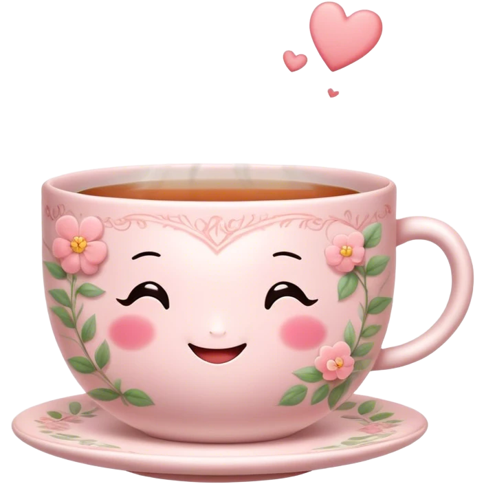 Cute Kawaii Tea Cup, steaming with warmth, a charming smiling face, soft pastel tones, delicate floral patterns, a tiny heart-shaped tea bag tag, cozy and inviting! emoji