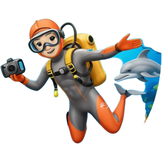 A brave dolphin diver in flippers and mask, exploring coral with a waterproof camera.

 emoji