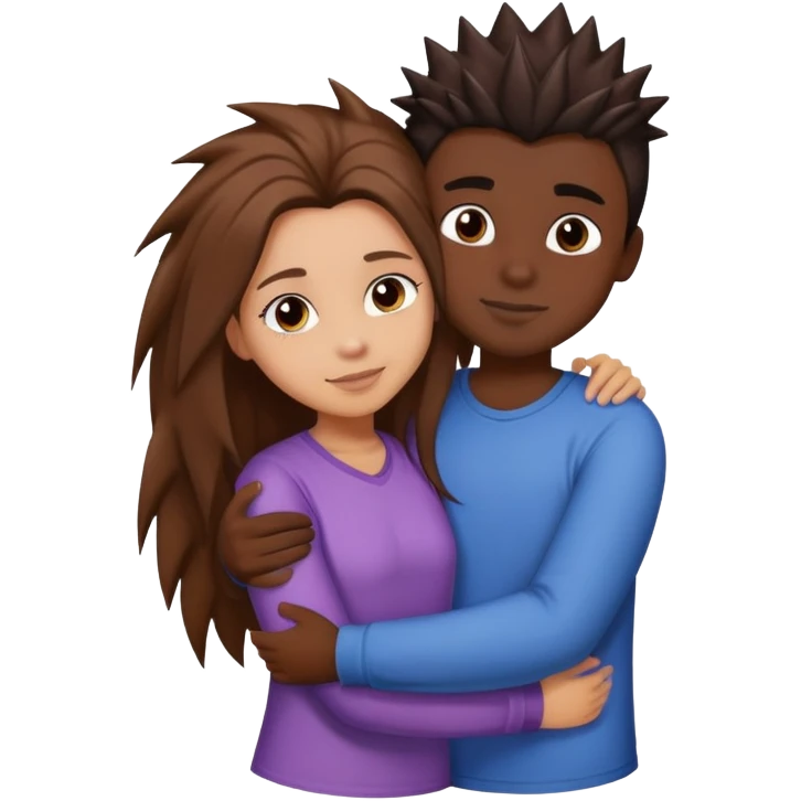 A girl with long brown hair and light skin, is hugging a boy in a little dark skin with front spike hair emoji