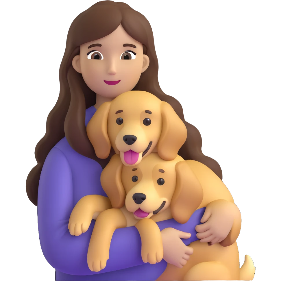 woman with long brown hair holding a golden retriever dog in her arms emoji