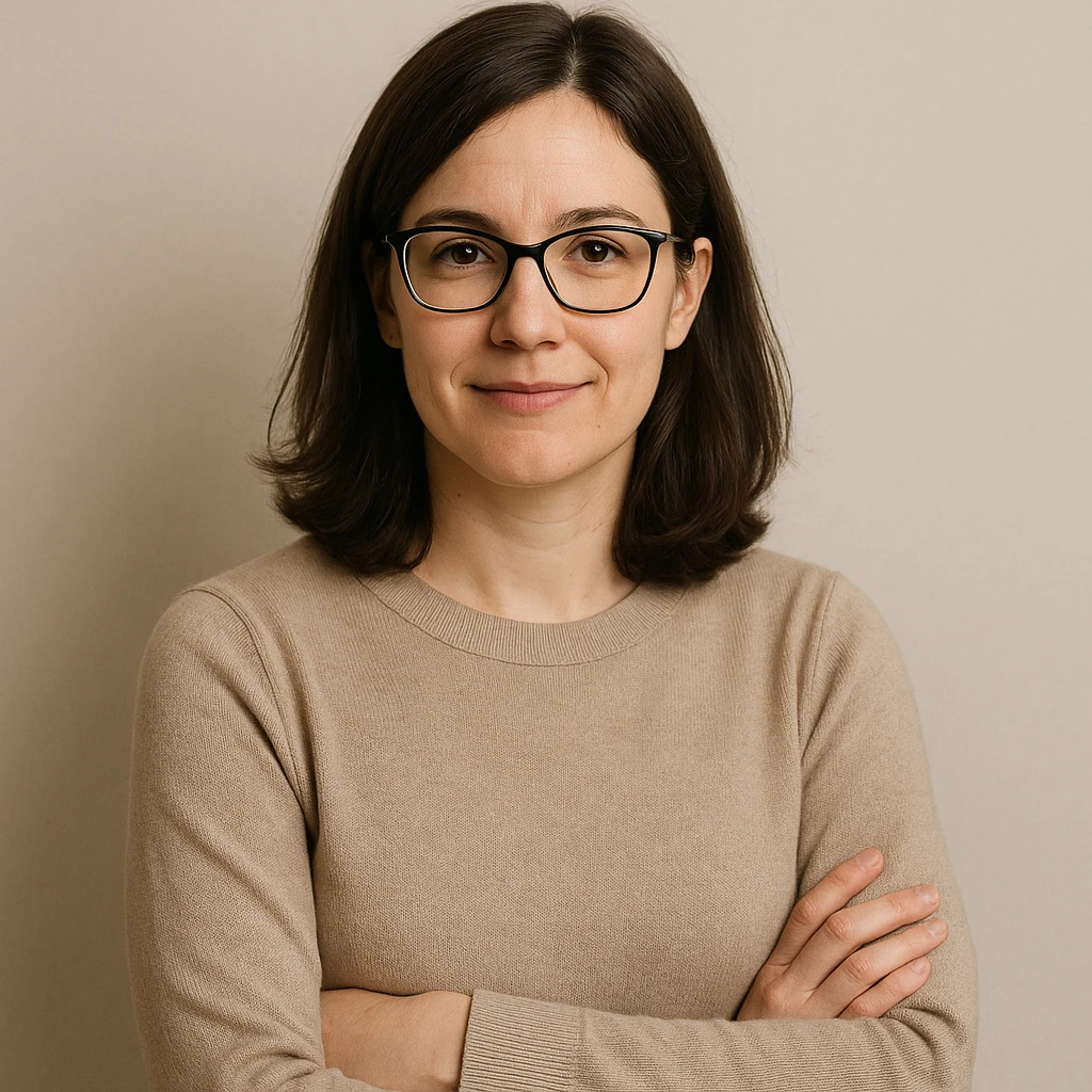 profesora de cabello castaño oscuro hasta los hombros con gafas, fondo simple emoji