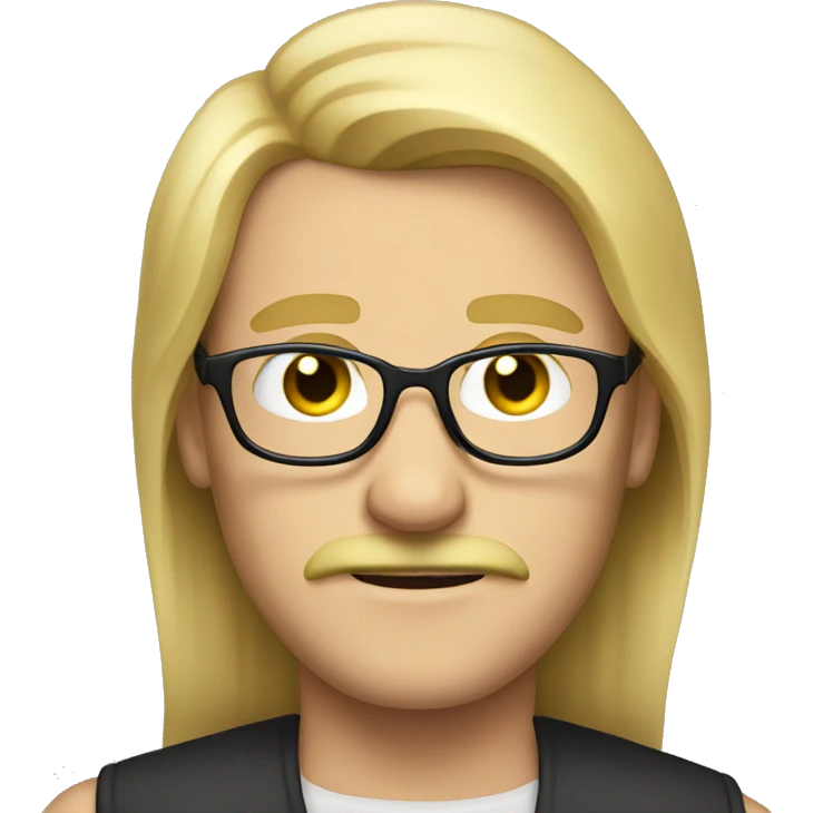 man, long blonde straight hair, only moustache, glasses emoji
