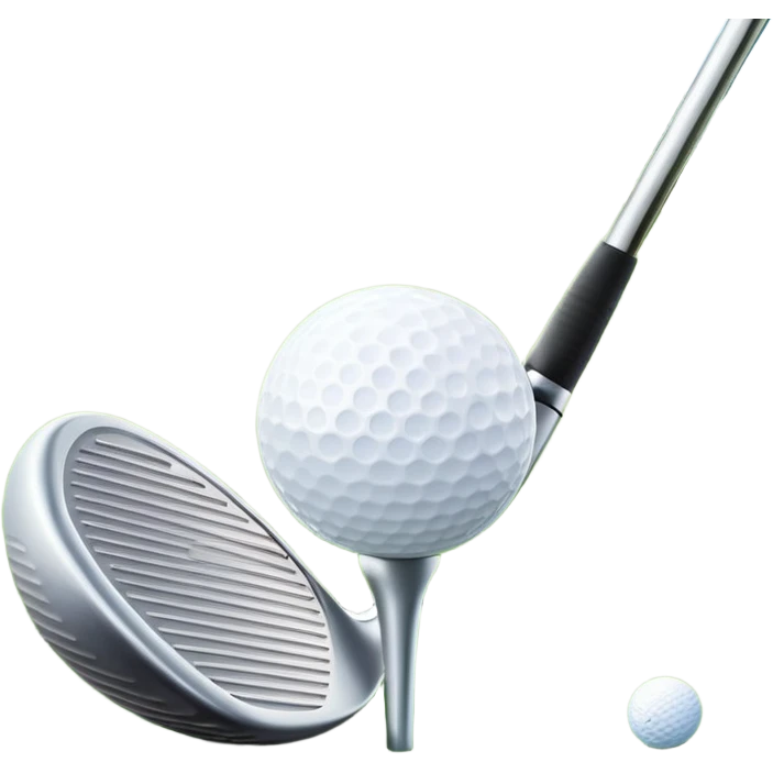 A close-up golf ball on a tee, with a golf club placed beside it, set on a well-manicured green. The background is a peaceful golf course with a clear blue sky, emphasizing the tranquility and skill required for the sport. emoji