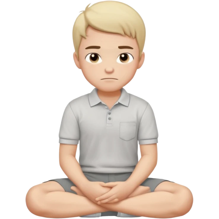 Cartoon boy sitting cross-legged, his fist pressed to his cheek, wearing a white polo and gray pants. He has a smug smirk, eyes looking forward. Clean lines, flat colors, solid black background, vector art, character sheet style. emoji