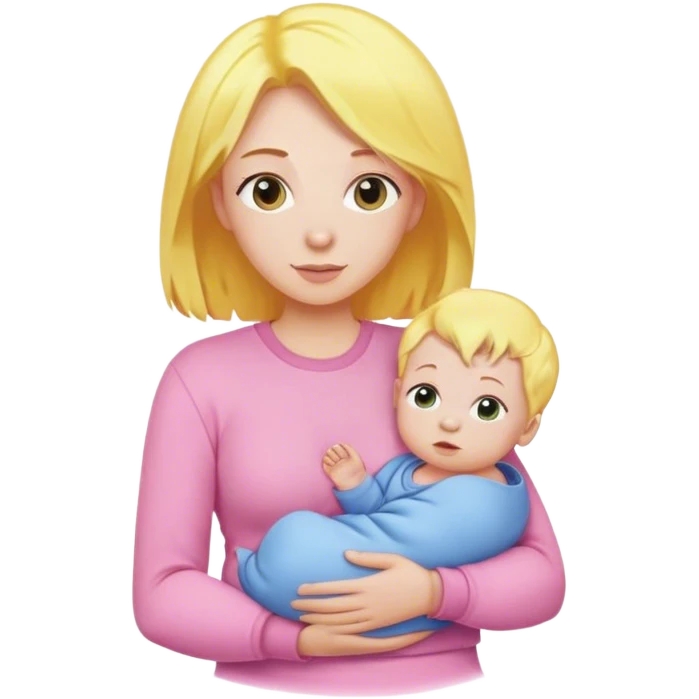 Mother with yellow hair and pink clothes, holding baby in blue clothes emoji