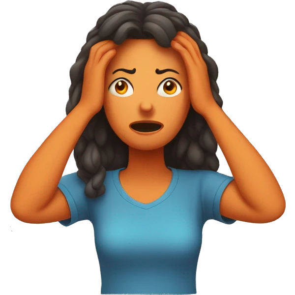 frustrated woman with hands on her head with an orange t shirt emoji