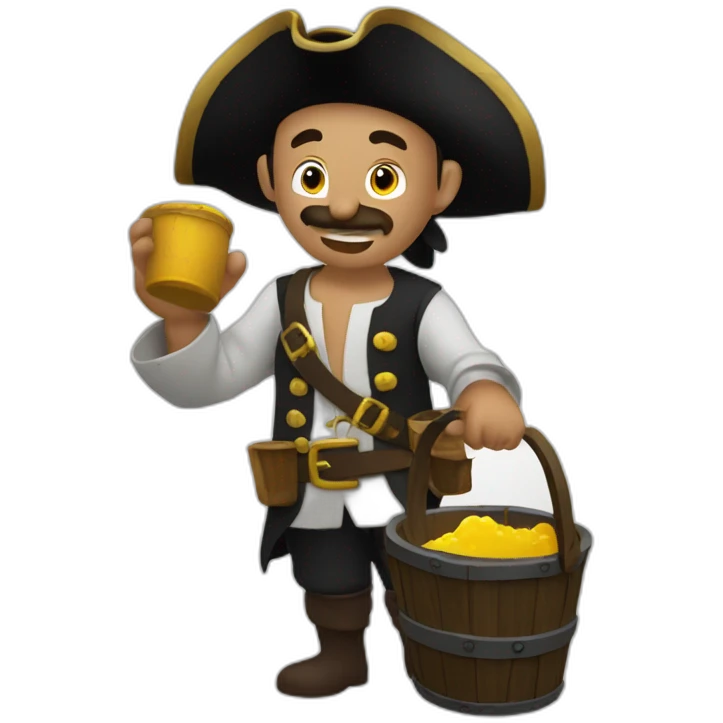 A pirate with an old wooden bucket in his hands. He is sending the water that is in the bucket away. emoji