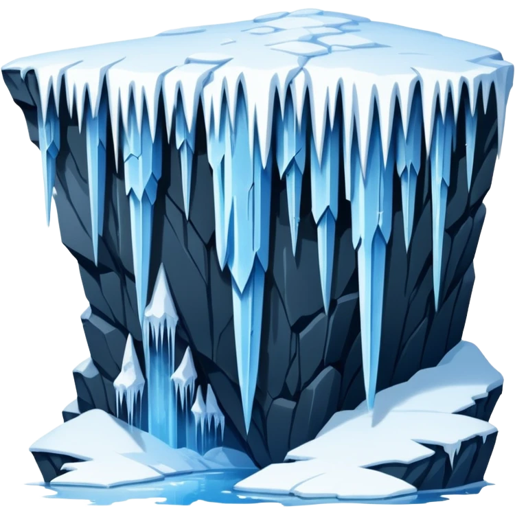 A stunning winter scene showing long, sharp icicles hanging from a frozen cliff or ledge, glistening in bright daylight. The surface is covered in snow and ice, with a cold blue and white color palette, highly detailed, realistic lighting, and frosty atmosphere. emoji