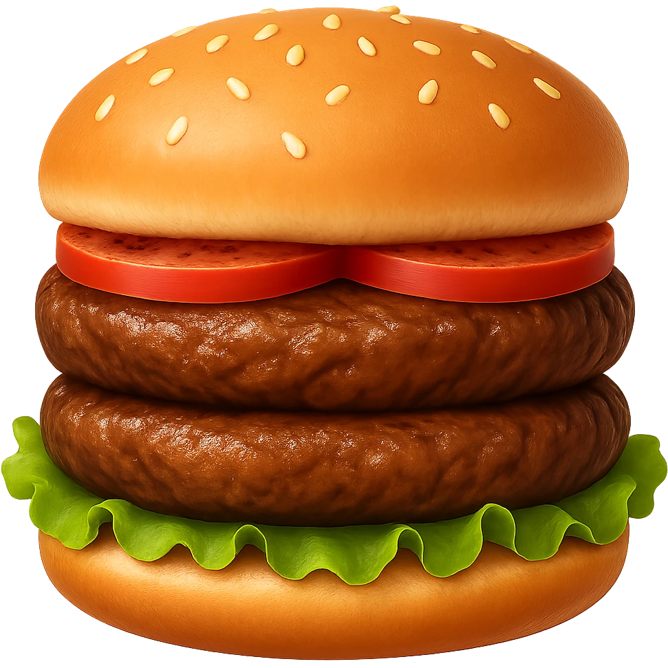 Edit the double burger emoji to have two beef patties, lettuce, tomato, and a sesame seed bun with no cheese. Remove the background. emoji
