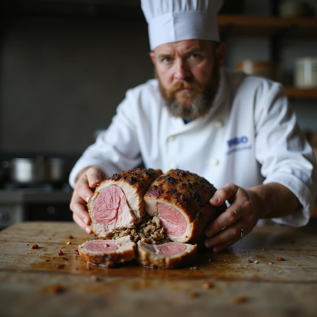 educational scene: chef in kitchen showing cooked pork steak cut to show parasites inside, serious expression, Italian text: 'Cottura non sempre sufficiente', 4K quality emoji