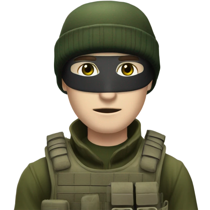 white male, pale skin, call of duty dark mask, green camo tactical gear, combat boots, black beanie, hazel eyes emoji