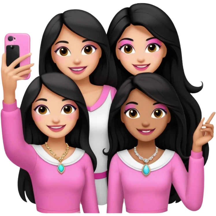 3 besties with professional glammed up looks wearing pink and white, medium skin tone smiling big with black long hair. Very girly wearing jewelry, taking a selfie  emoji