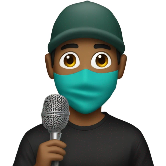 Mexican boy rapping into a microphone with a ski mask emoji