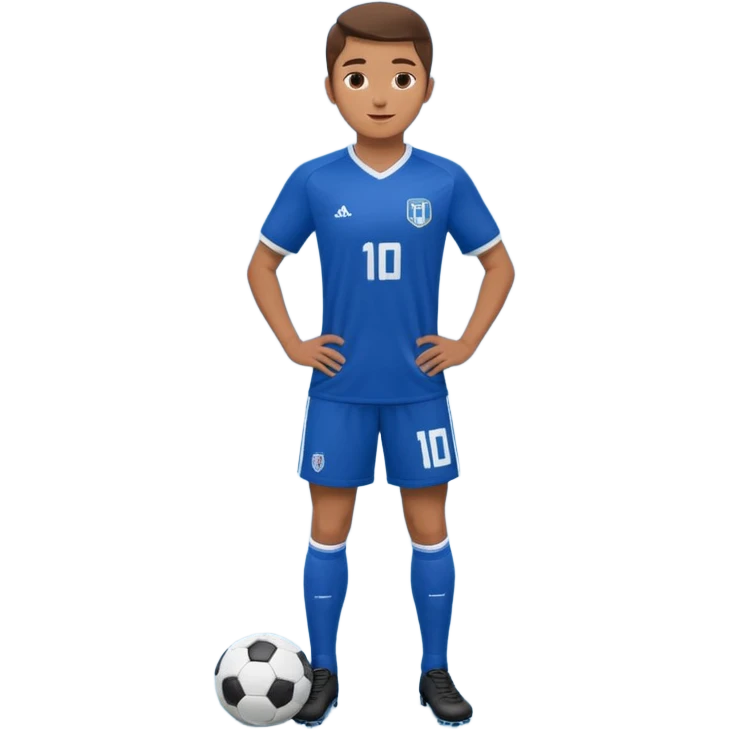 Apple emoji style 21 year old soccer player standing same pose, blue jersey #10, ultra realistic, studio lighting emoji