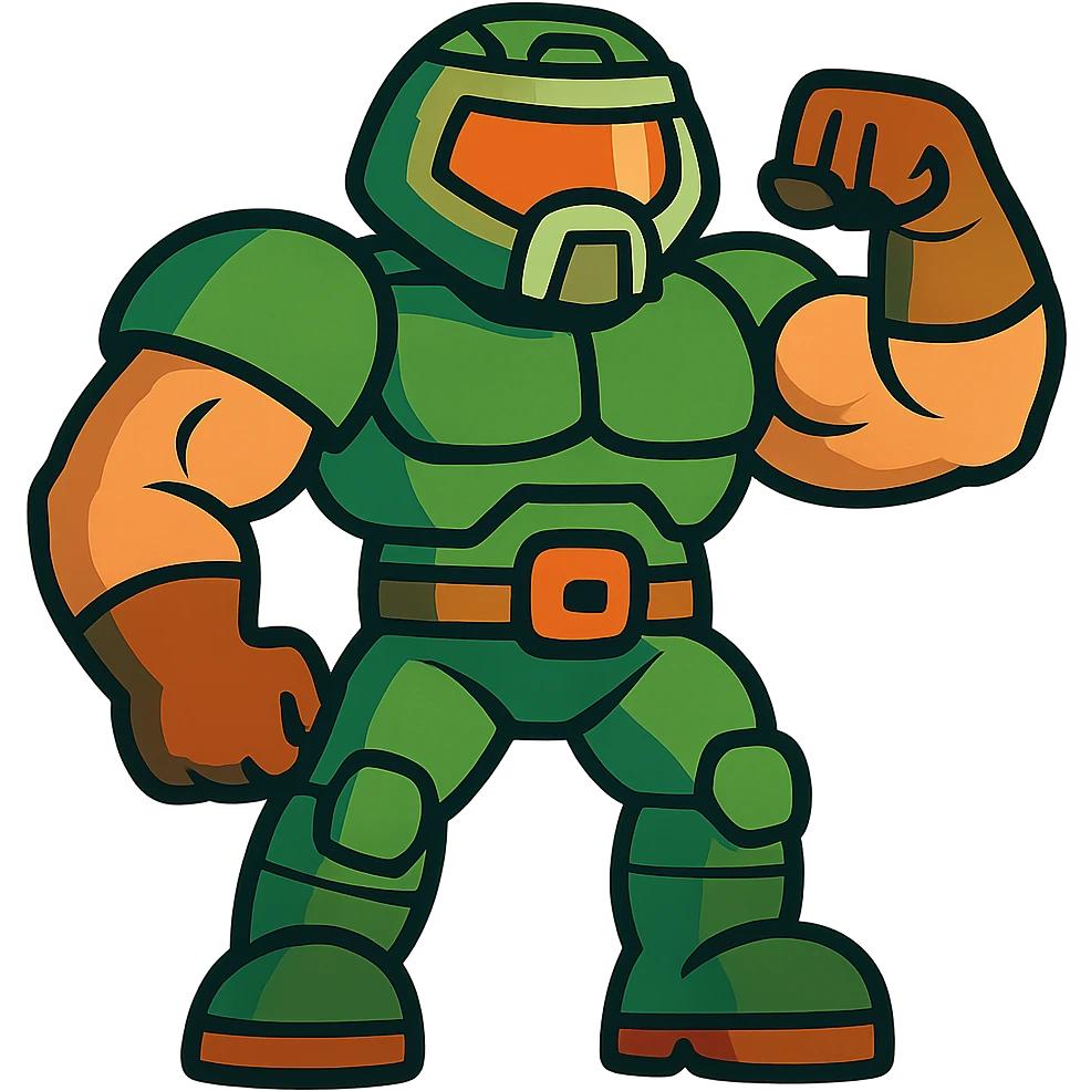 doom guy, stylized cartoon, exaggerated muscles, green suit, confident stance emoji