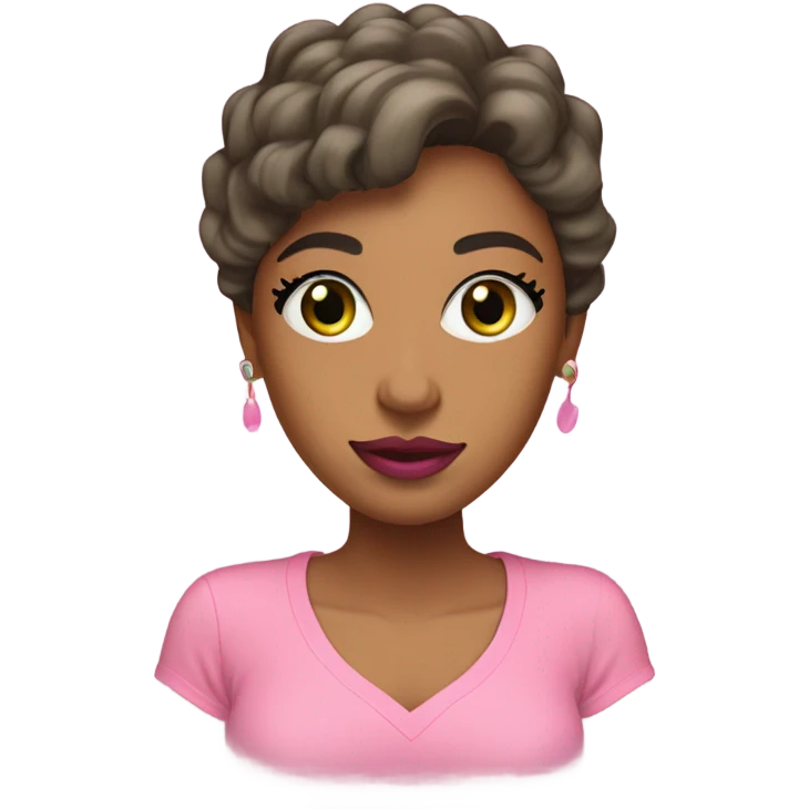 Light brown woman with pink lipstick, eyelashes, slanted eyes, wearing pink t-shirt with green trim emoji
