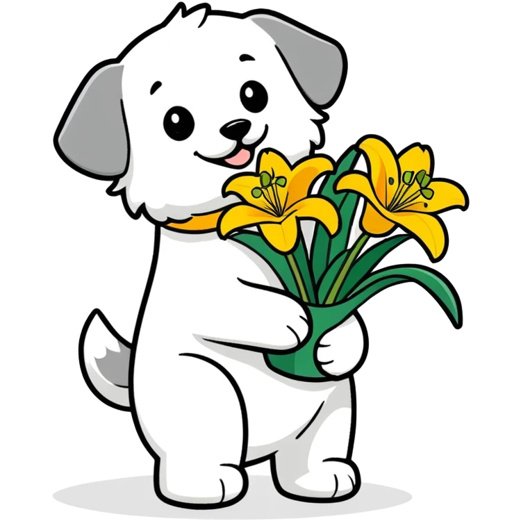 An illustration of a happy maltese doggy carrying a bunch of yellow tiger lillies. emoji