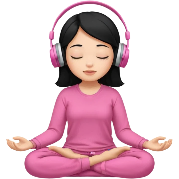 Chica de pelo negros con los ojos cerrados escuchando musica en audifonos y con camisa rosa mientras medita emoji